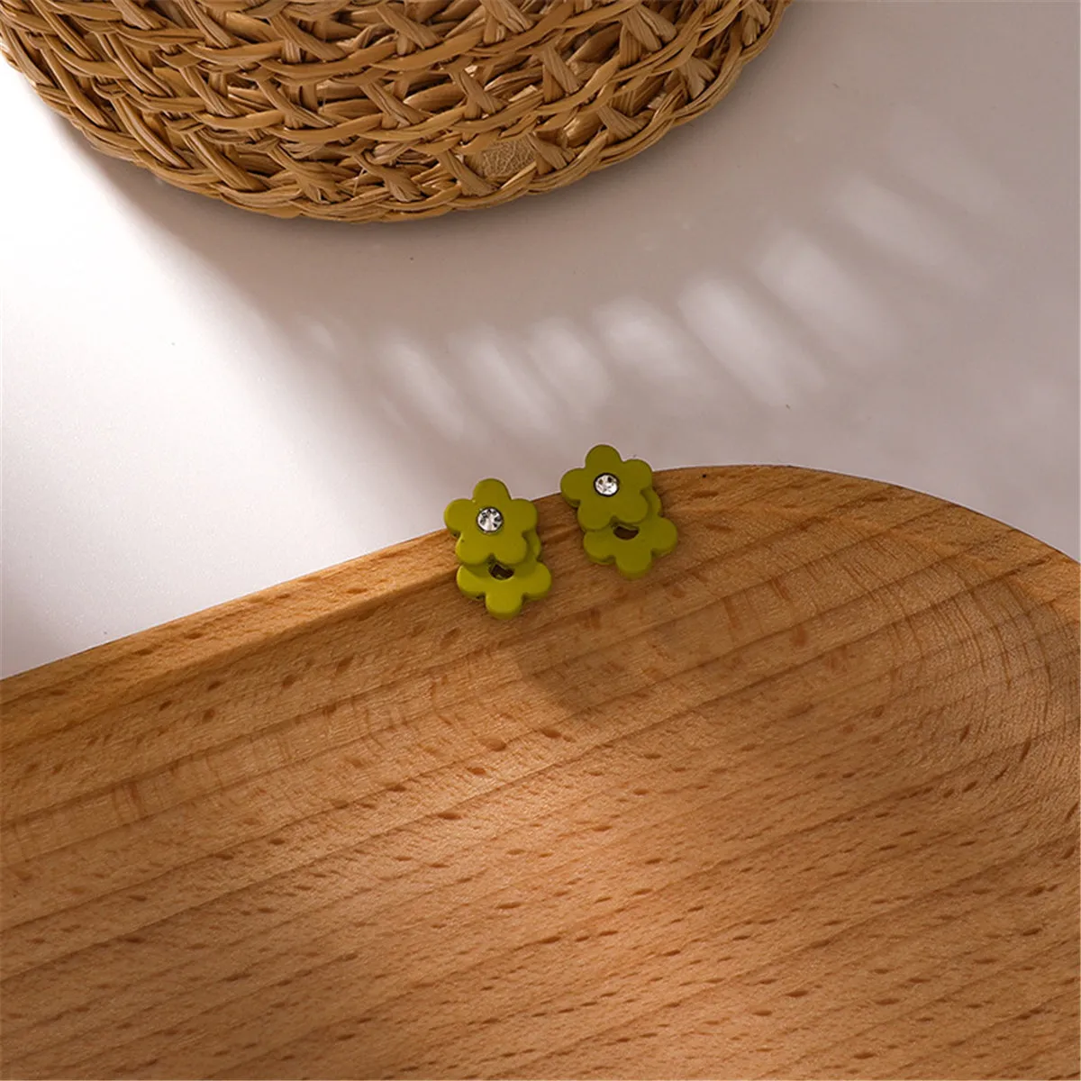 Cubic Zirconia & Green Enamel Flower Stud Earrings