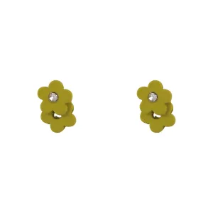 Cubic Zirconia & Green Enamel Flower Stud Earrings