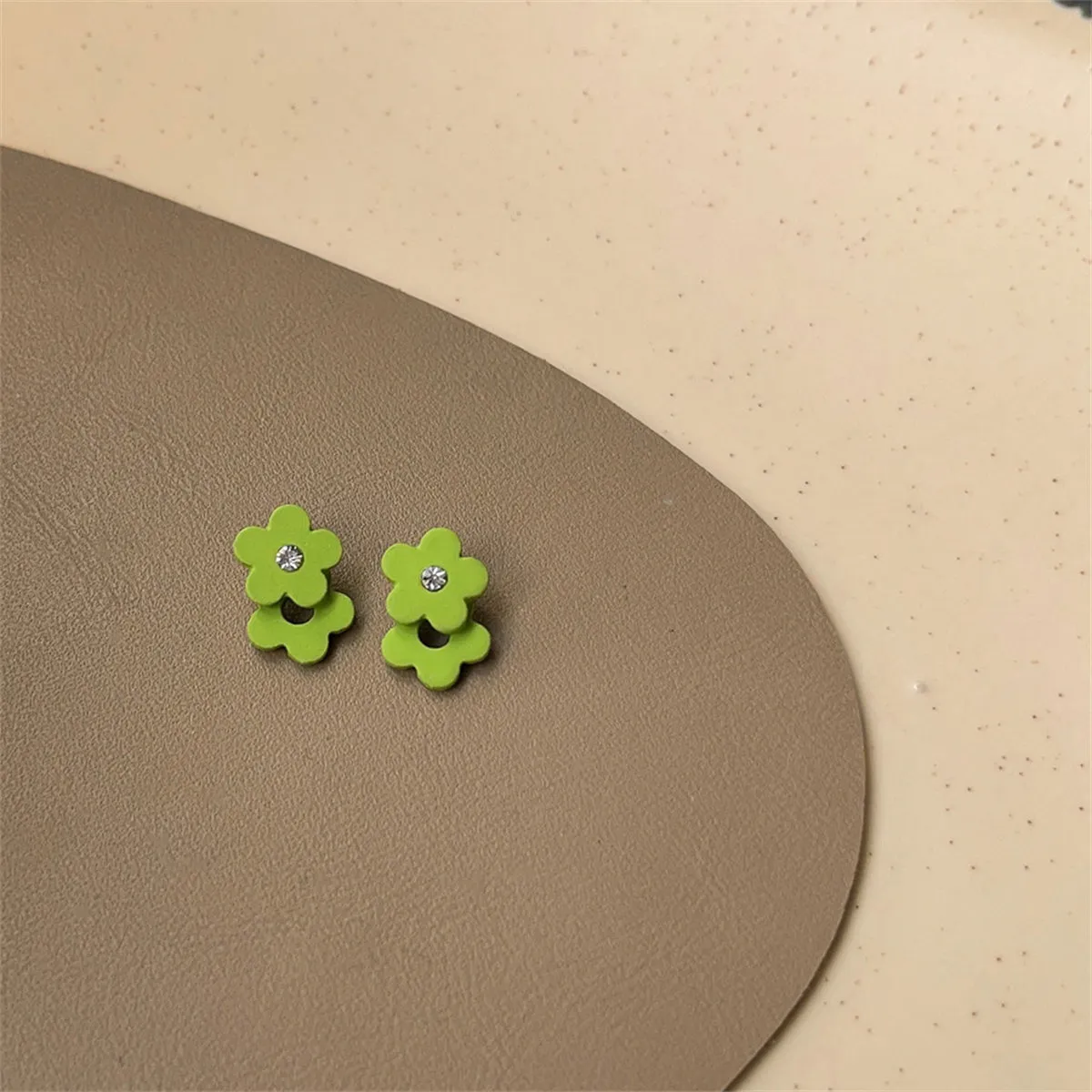 Cubic Zirconia & Green Enamel Flower Stud Earrings