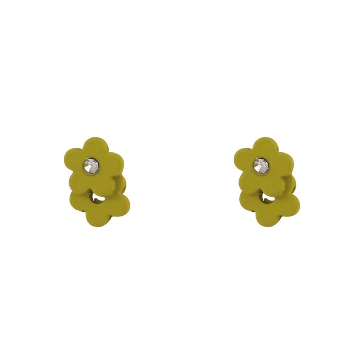 Cubic Zirconia & Green Enamel Flower Stud Earrings