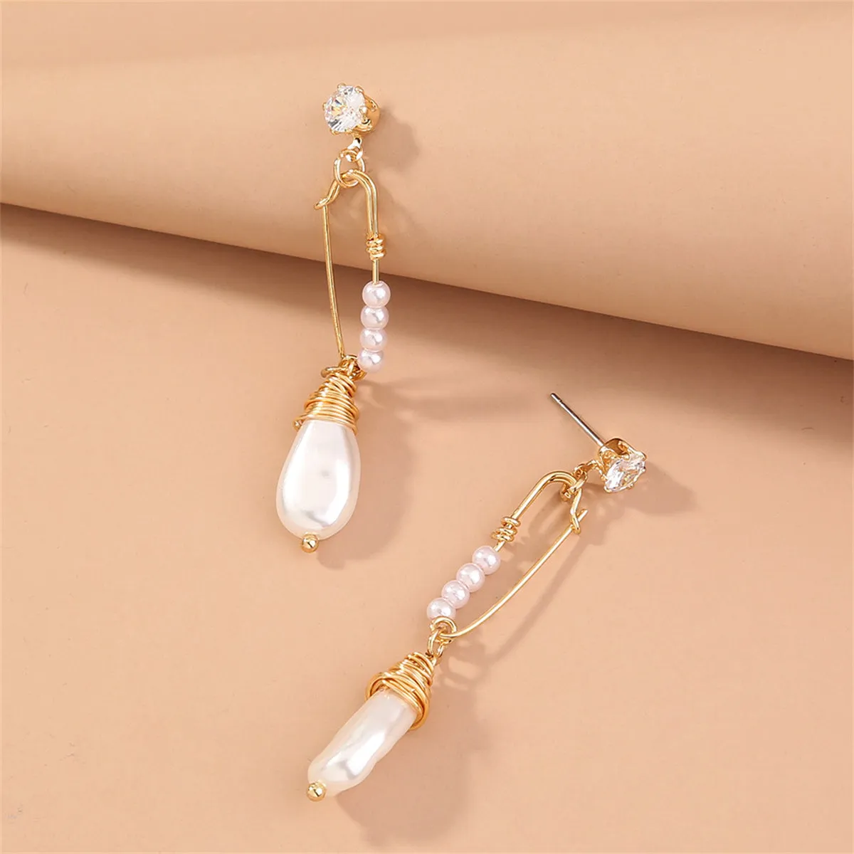 Cubic Zirconia & Pearl 18K Gold-Plated Safety Pin Drop Earrings