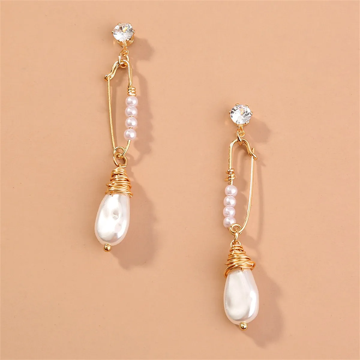 Cubic Zirconia & Pearl 18K Gold-Plated Safety Pin Drop Earrings