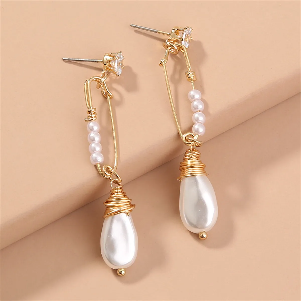 Cubic Zirconia & Pearl 18K Gold-Plated Safety Pin Drop Earrings