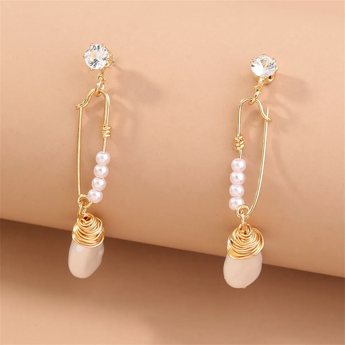 Cubic Zirconia & Pearl 18K Gold-Plated Safety Pin Drop Earrings