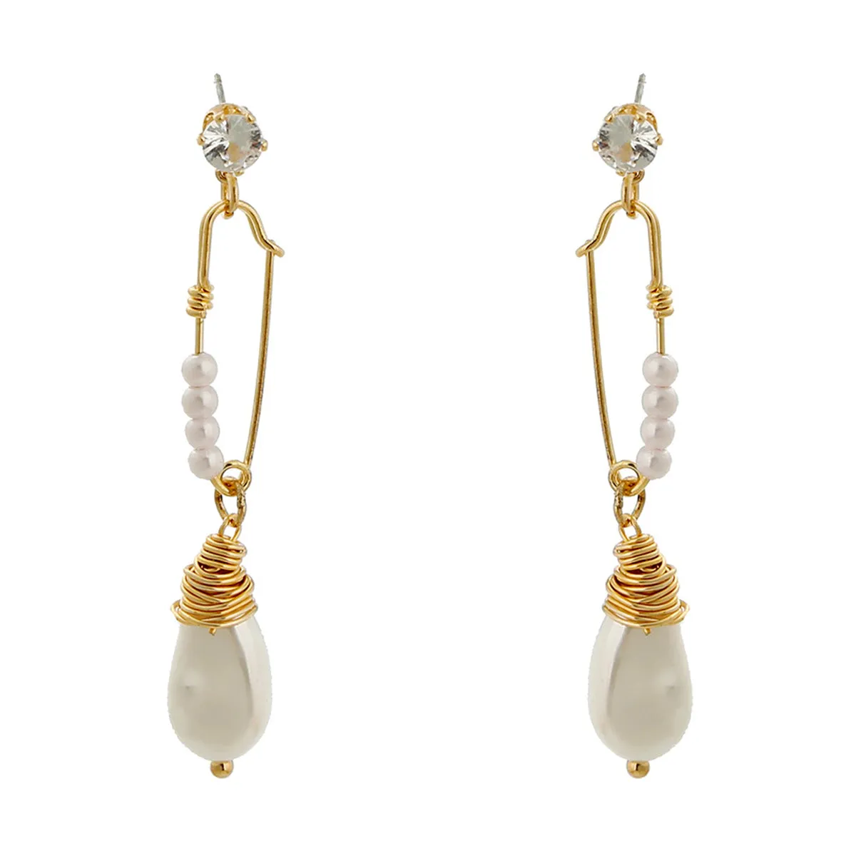 Cubic Zirconia & Pearl 18K Gold-Plated Safety Pin Drop Earrings