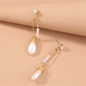 Cubic Zirconia & Pearl 18K Gold-Plated Safety Pin Drop Earrings