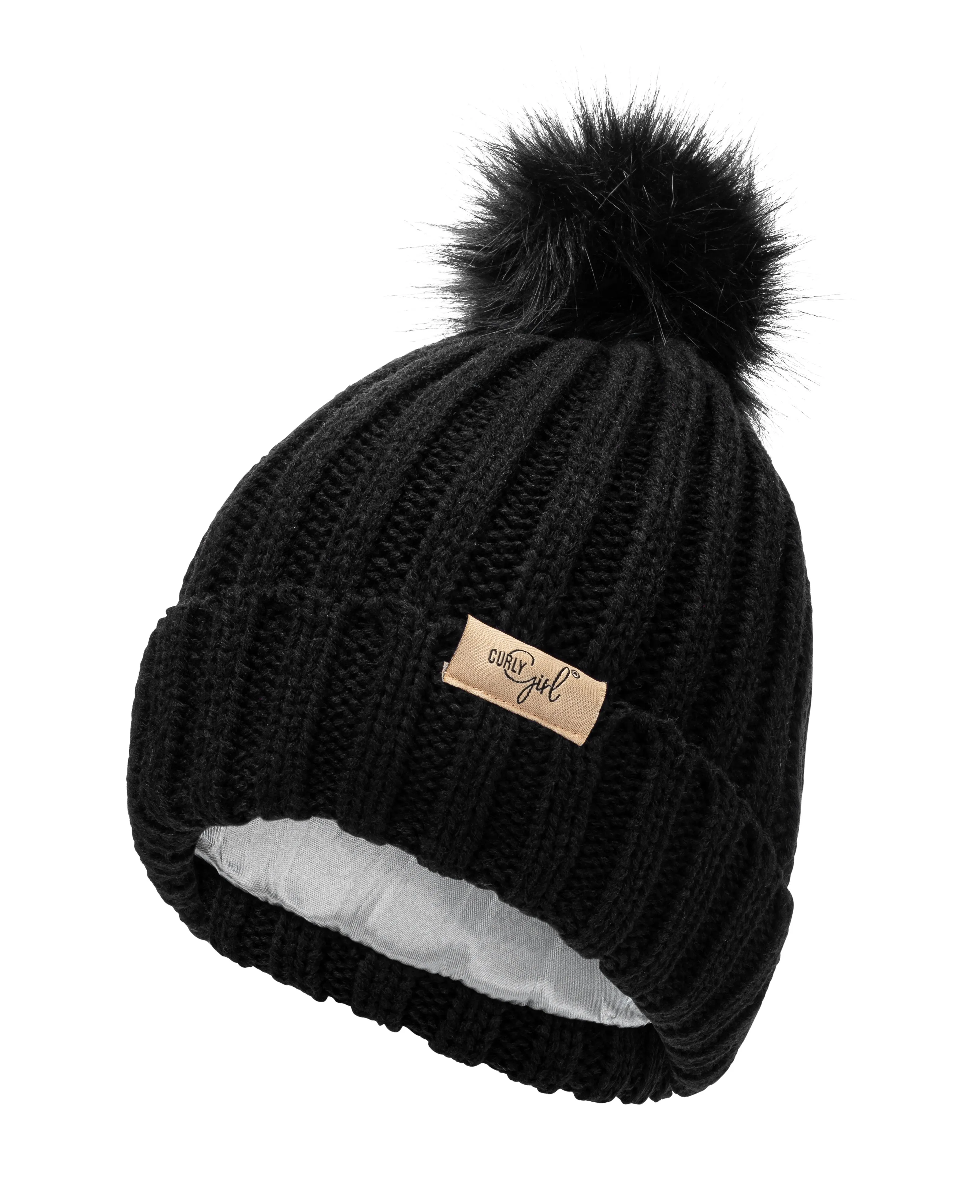 Curly Girl® Womens Winter Knitted Beanie Hat with Faux Fur Pom Warm Knit Skull Cap Beanie for Women