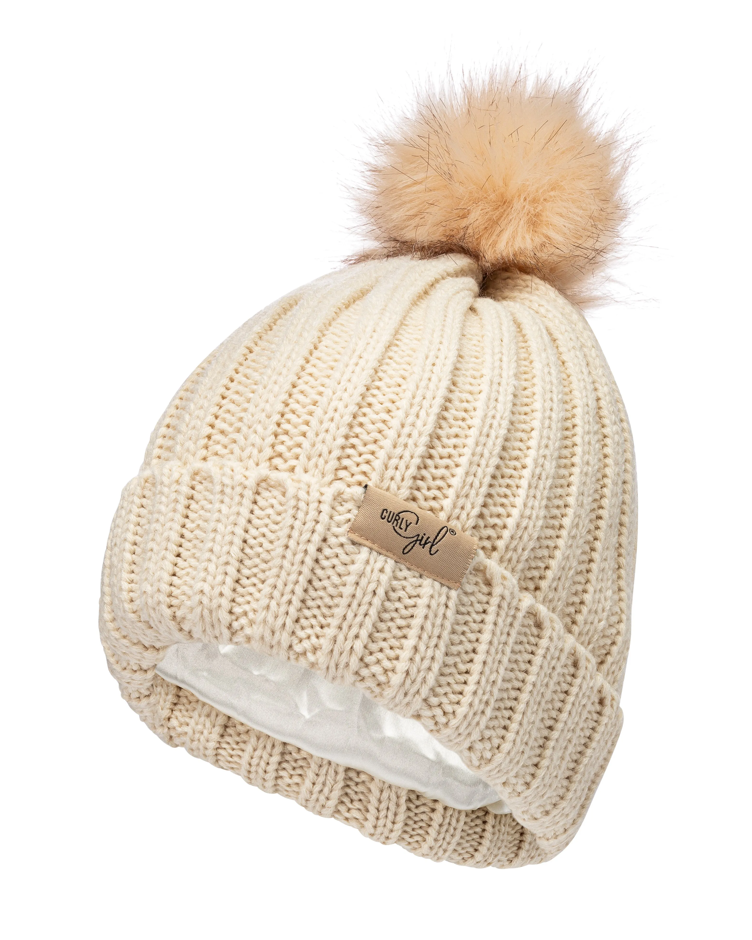 Curly Girl® Womens Winter Knitted Beanie Hat with Faux Fur Pom Warm Knit Skull Cap Beanie for Women