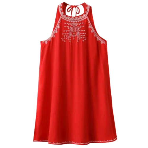 Cut Back Sleeveless Halter Embroidered Dress - Red M