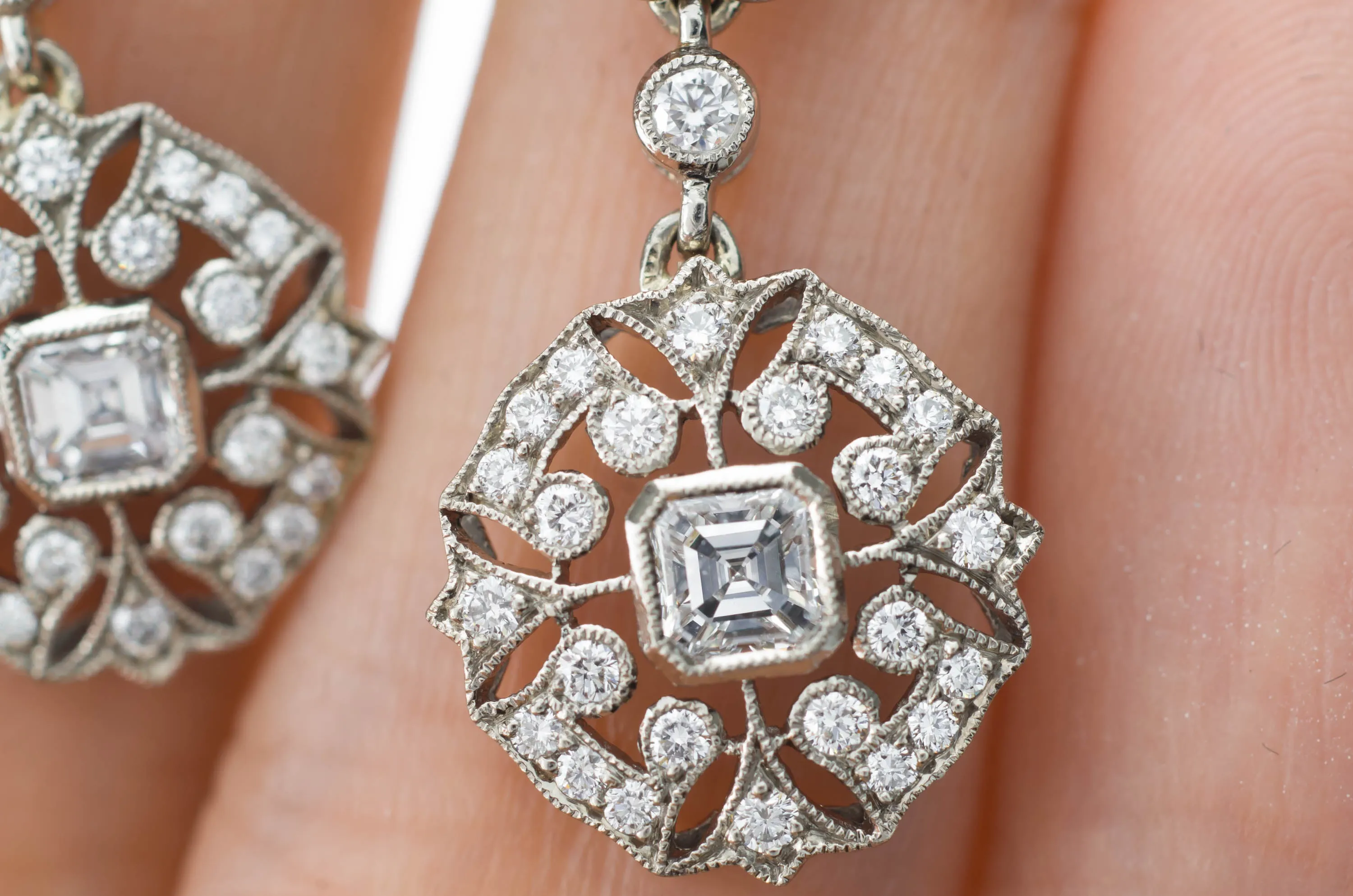 DECO INSPIRED ASSCHER AND ROUND CUT LONG DIAMOND EARRINGS