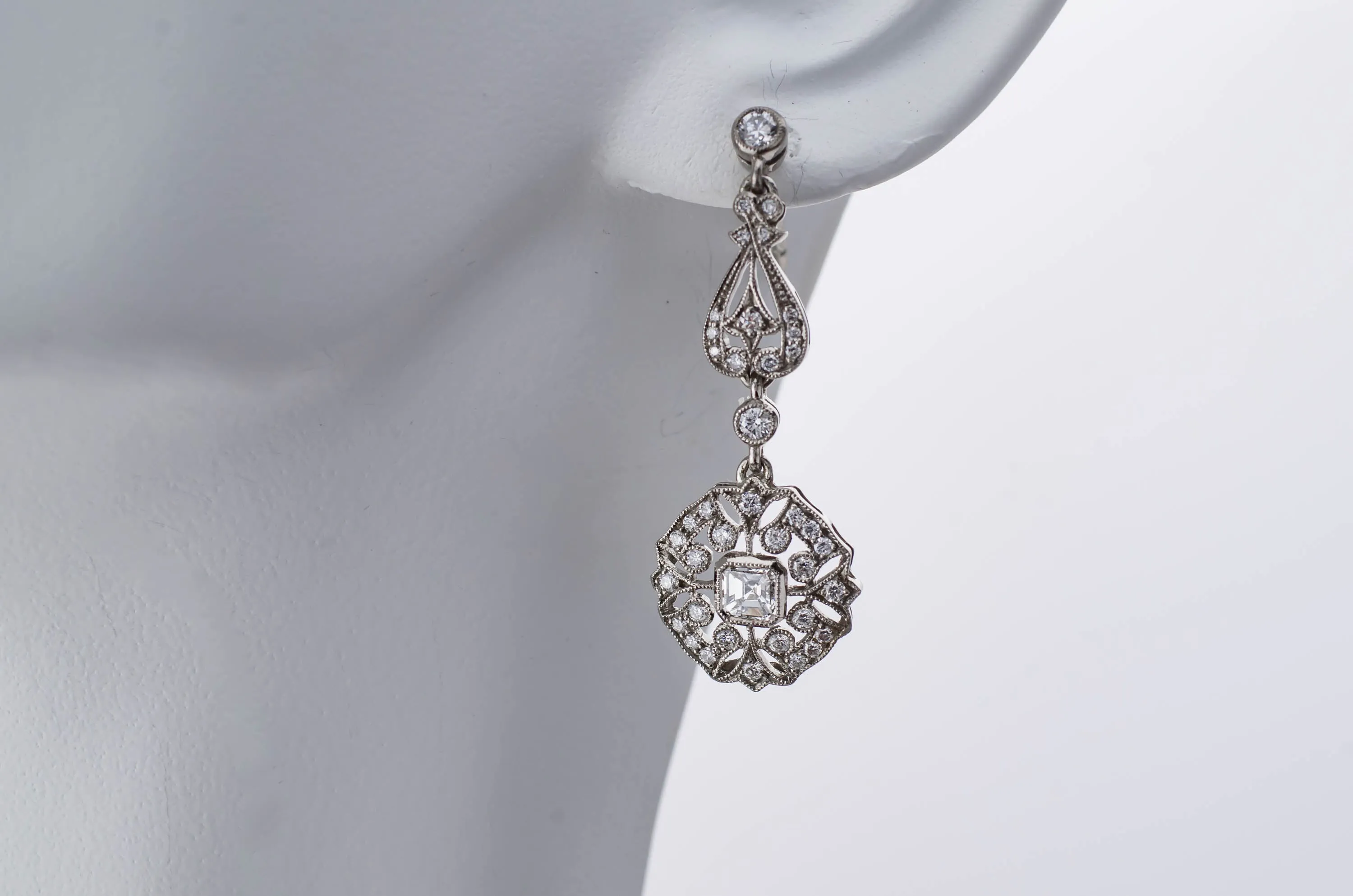 DECO INSPIRED ASSCHER AND ROUND CUT LONG DIAMOND EARRINGS