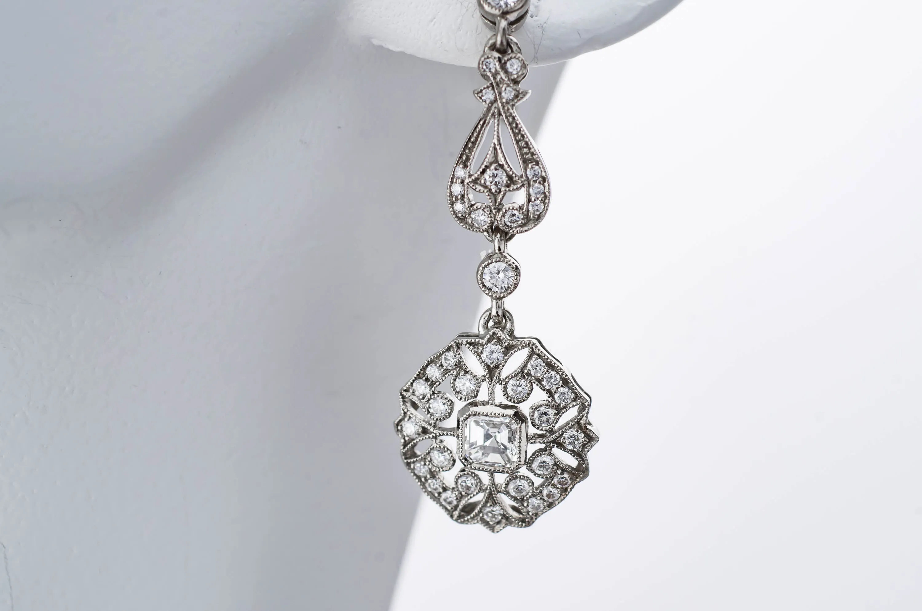 DECO INSPIRED ASSCHER AND ROUND CUT LONG DIAMOND EARRINGS
