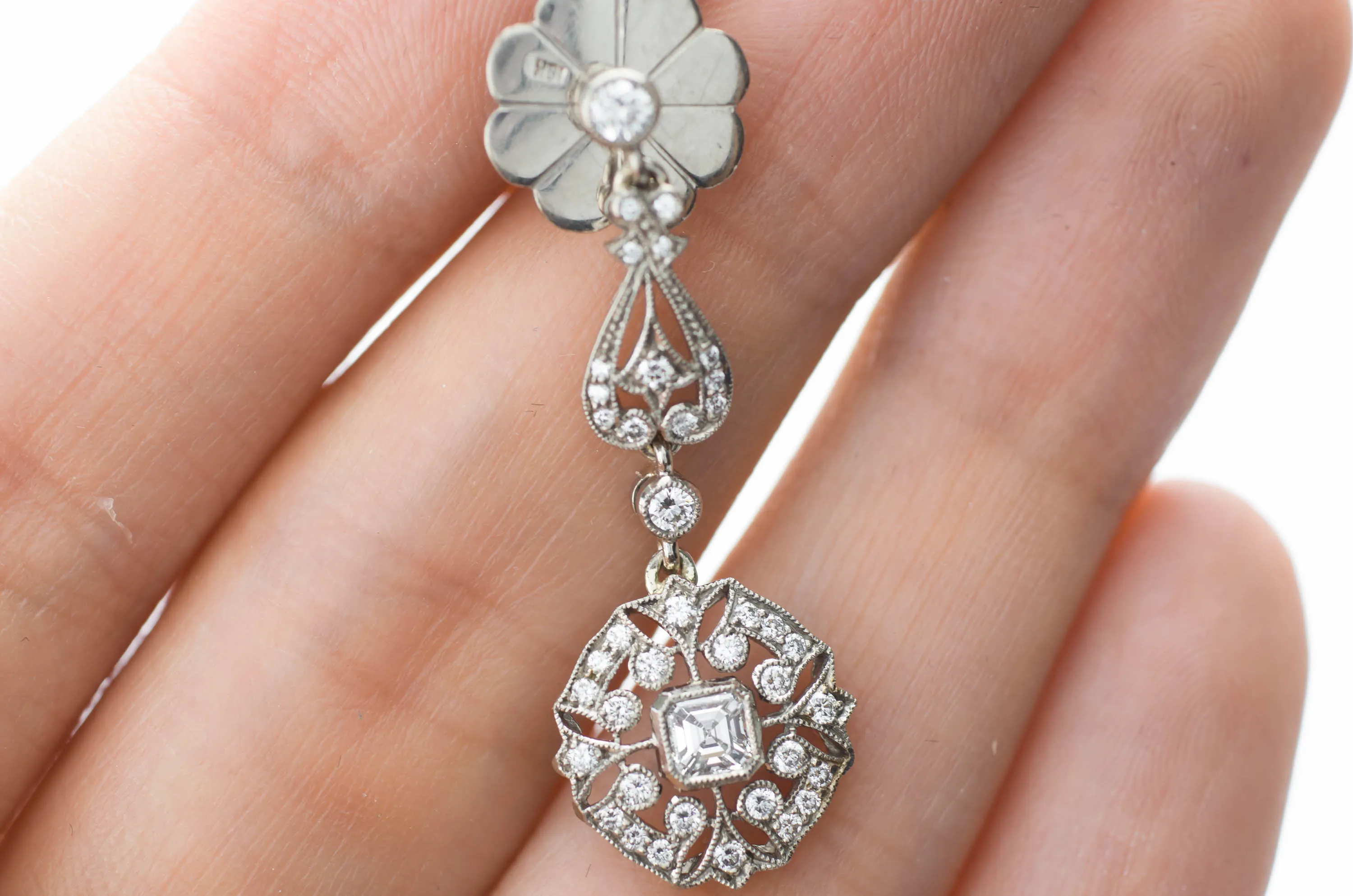 DECO INSPIRED ASSCHER AND ROUND CUT LONG DIAMOND EARRINGS