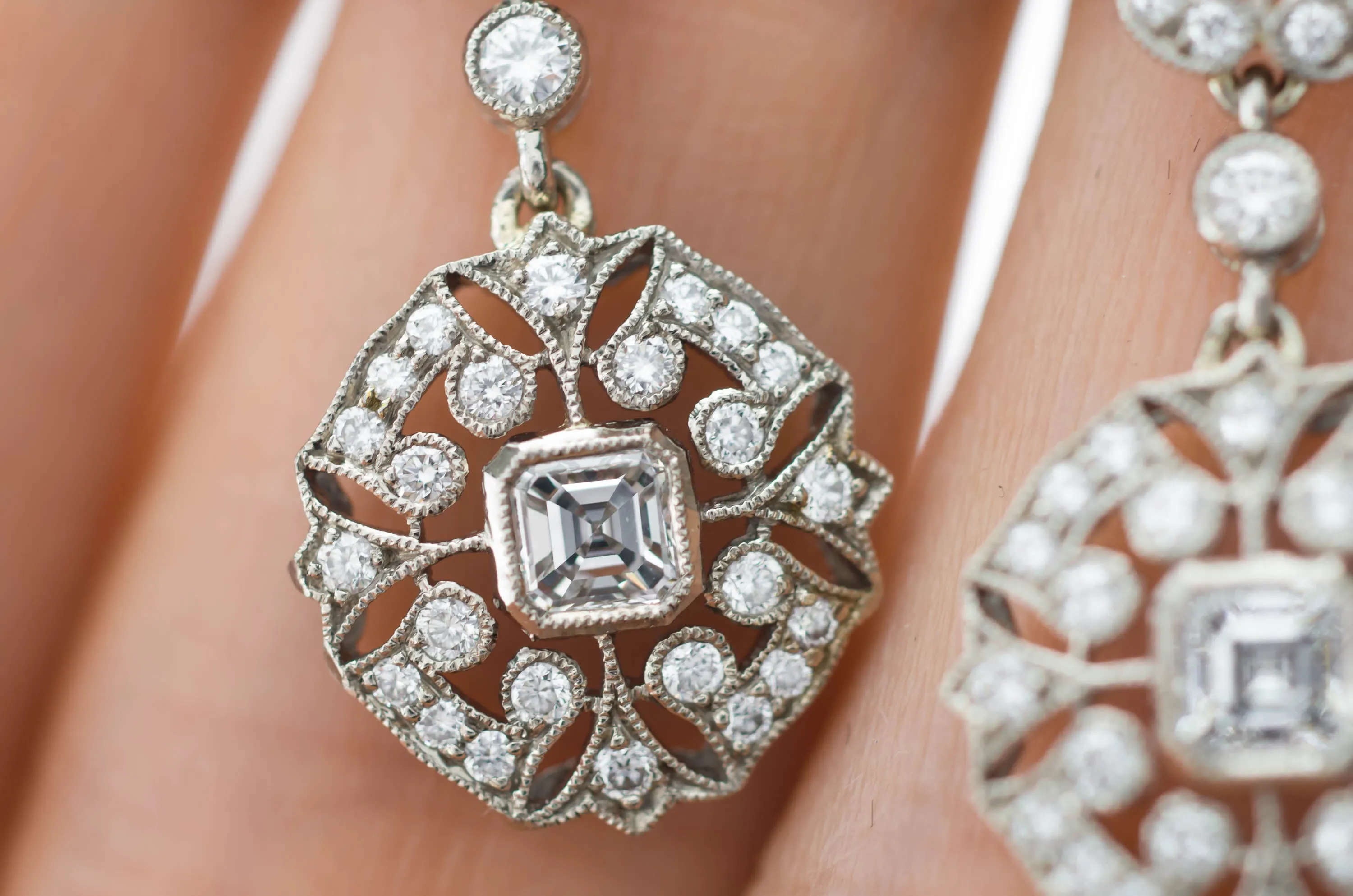 DECO INSPIRED ASSCHER AND ROUND CUT LONG DIAMOND EARRINGS