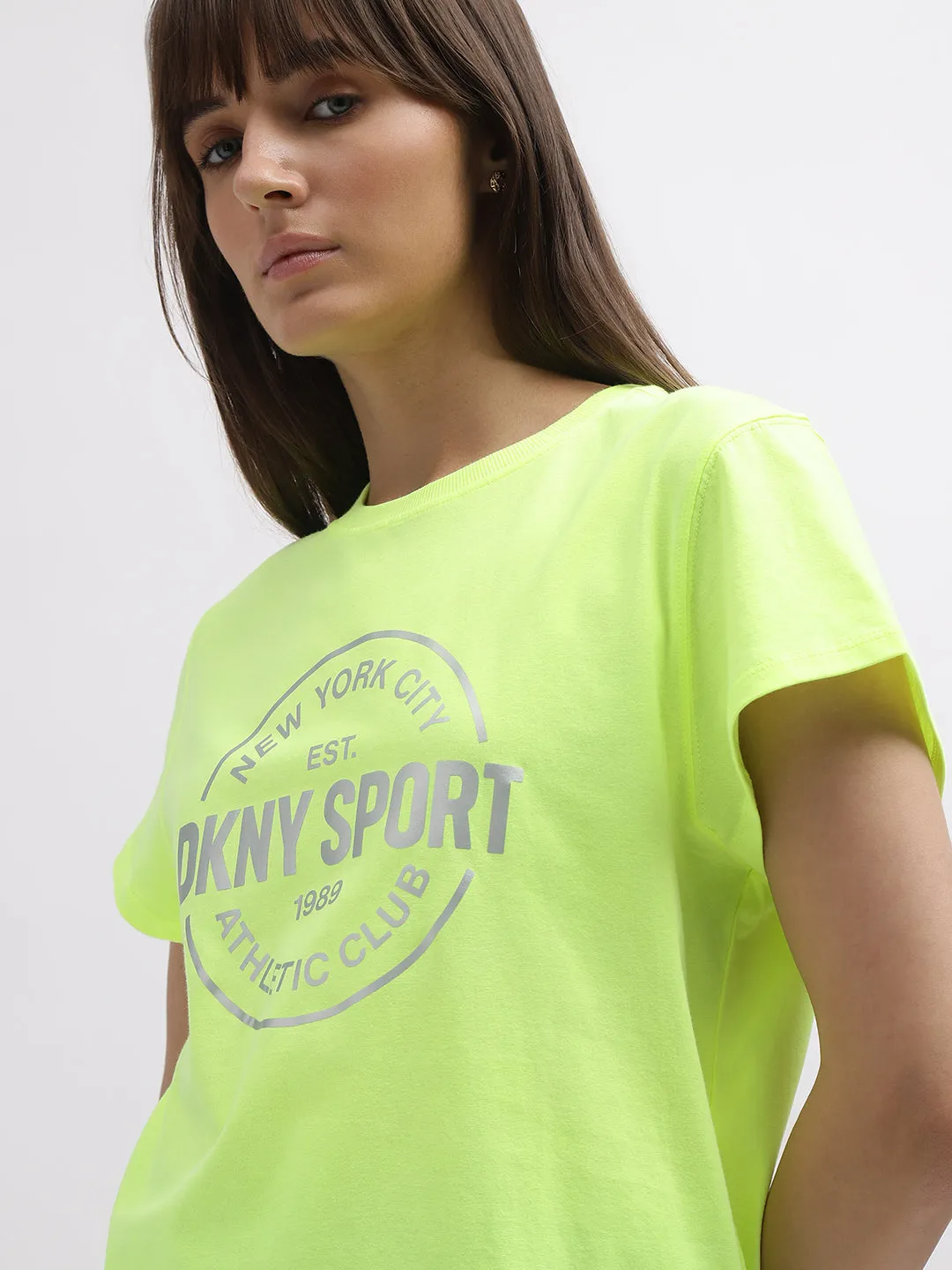 Dkny Women Green Printed Round Neck Short Sleeves T-Shirt
