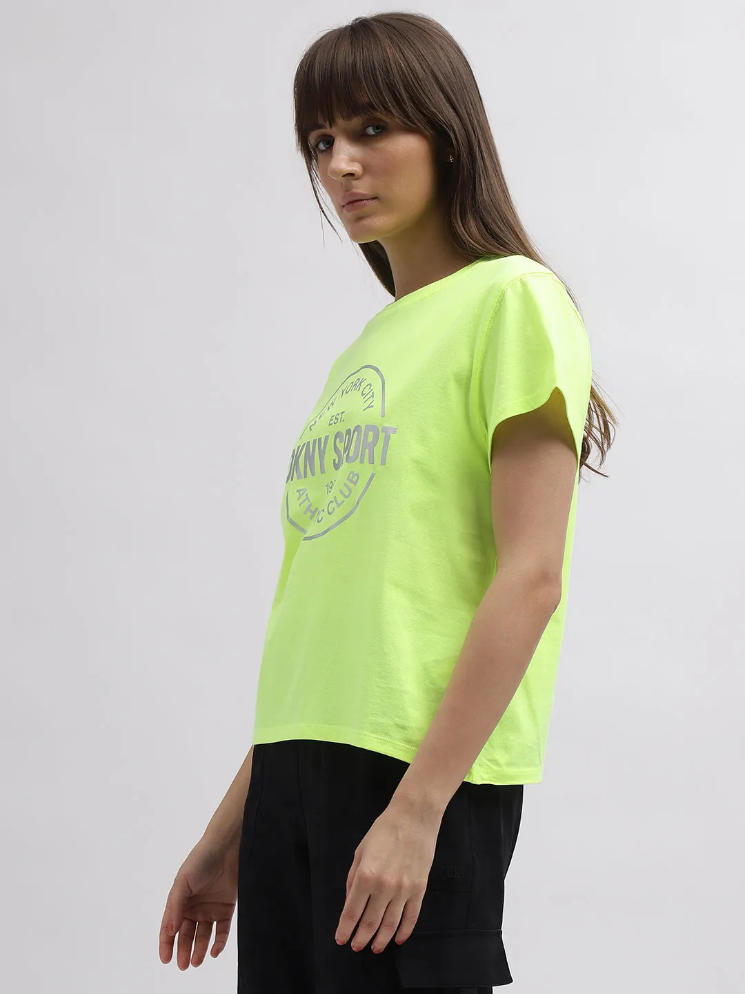 Dkny Women Green Printed Round Neck Short Sleeves T-Shirt