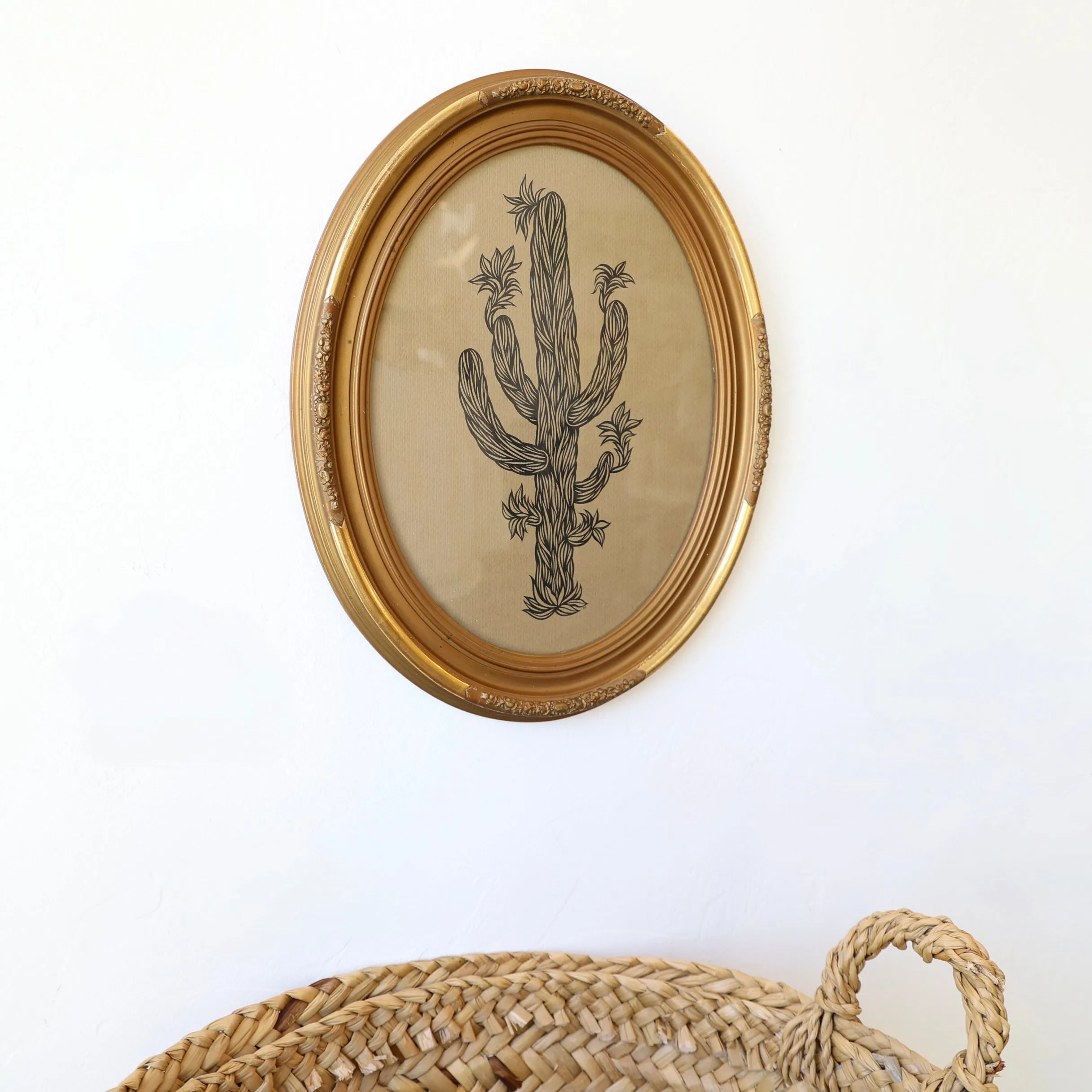 Don Carney Pen and Ink Drawing in Vintage Frame - "Flowering Cactus"