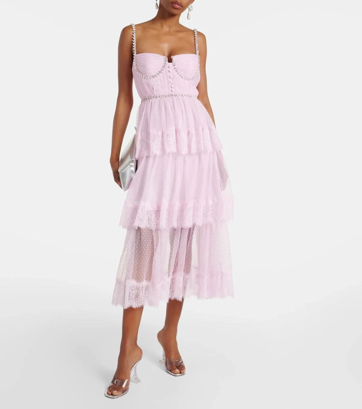 Elgine Crystal-Embellished Lace-trimmed Midi Dress