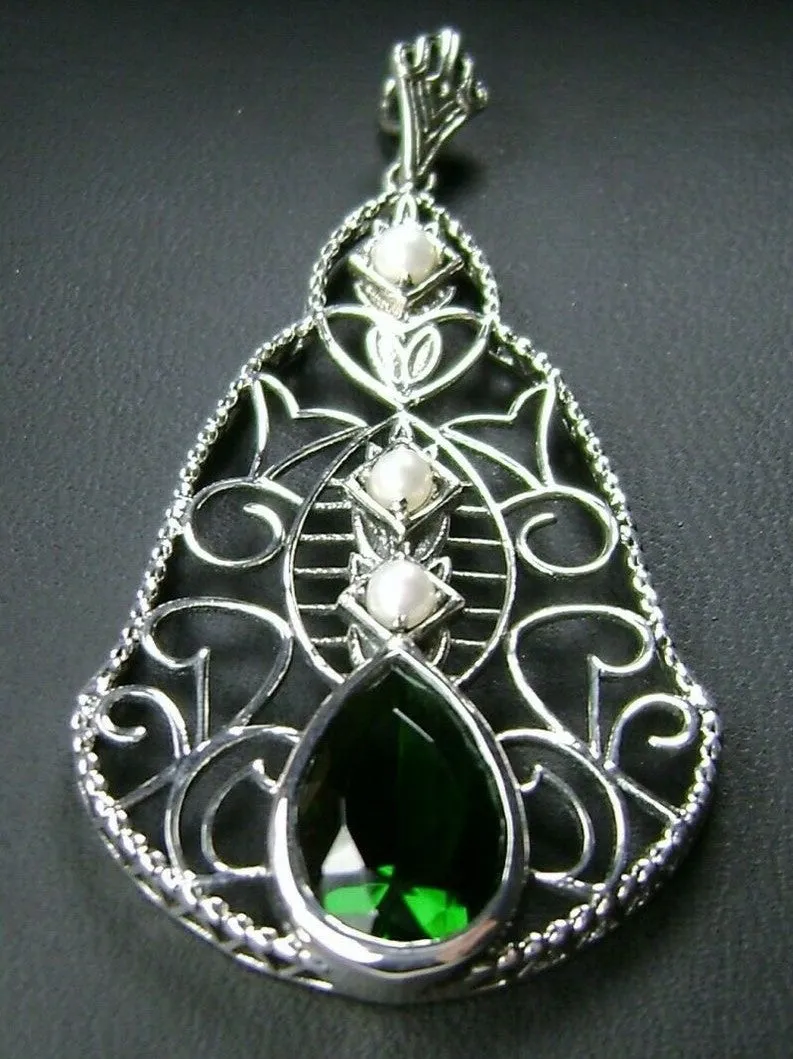 Emerald Pendant, Pearl Accented Lavalier Necklace, Victorian Jewelry P22