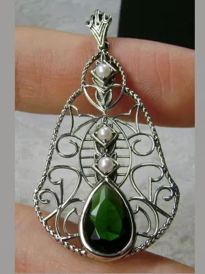 Emerald Pendant, Pearl Accented Lavalier Necklace, Victorian Jewelry P22