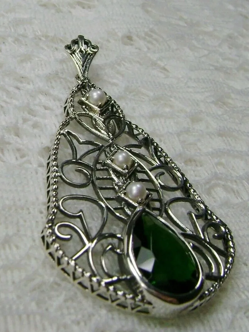 Emerald Pendant, Pearl Accented Lavalier Necklace, Victorian Jewelry P22