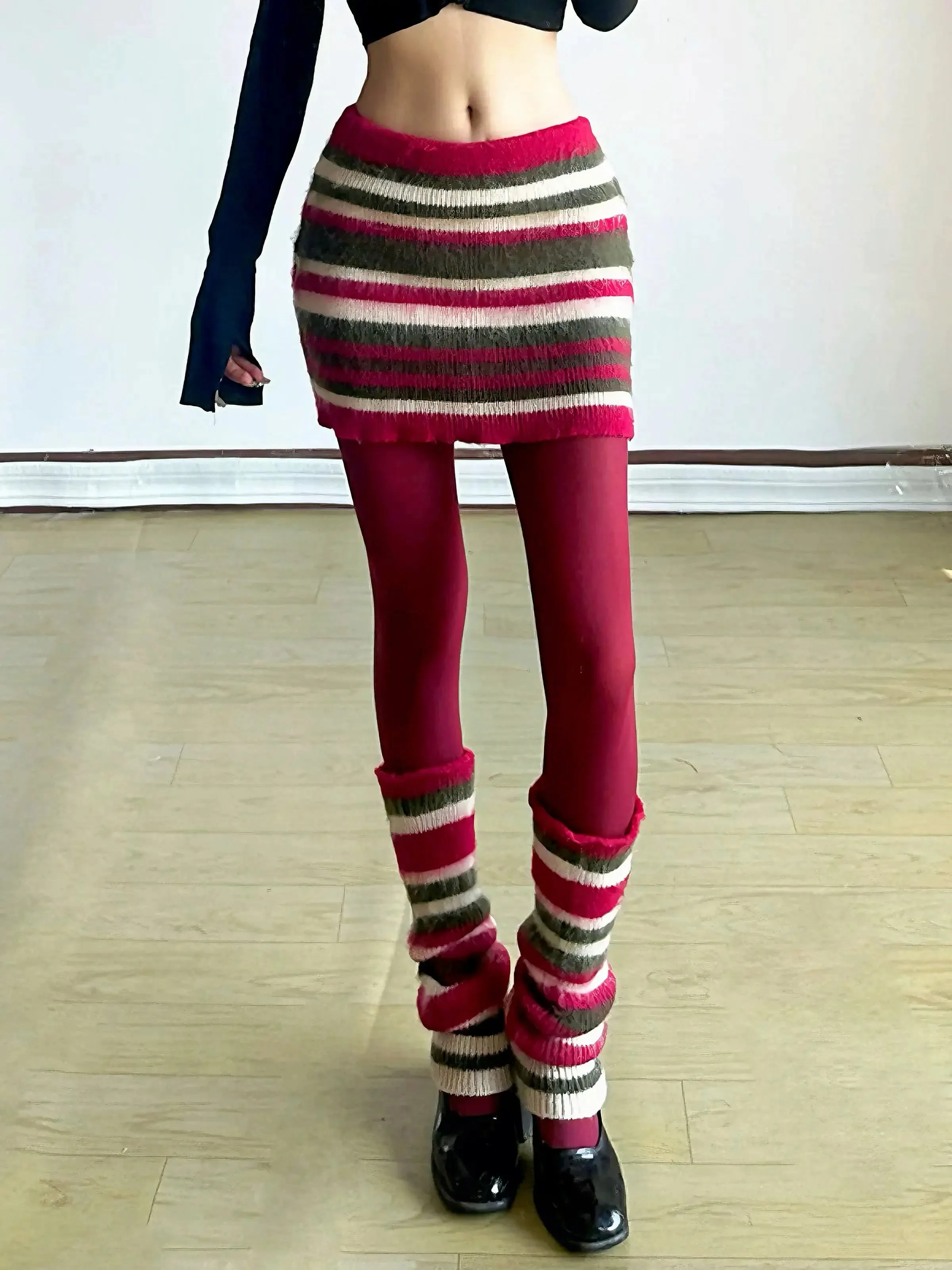 'Fairy Lights' Holiday Christmas Striped Knitted Skirt Legwarmers