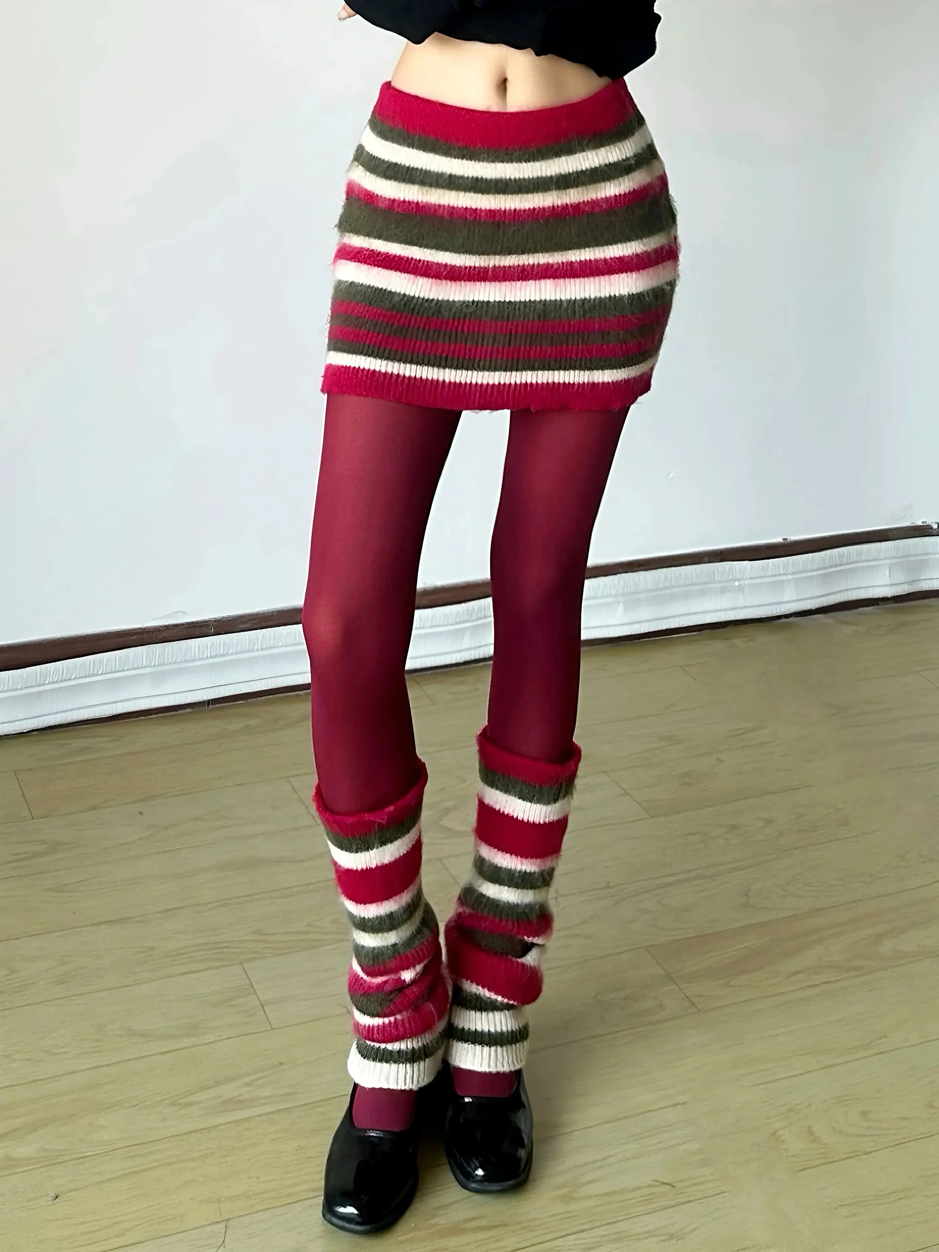 'Fairy Lights' Holiday Christmas Striped Knitted Skirt Legwarmers