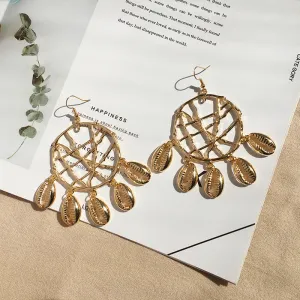 Fashion Shell Earrings Female Ocean Wind Conch Earrings Bohemian Metal Rattan Earrings