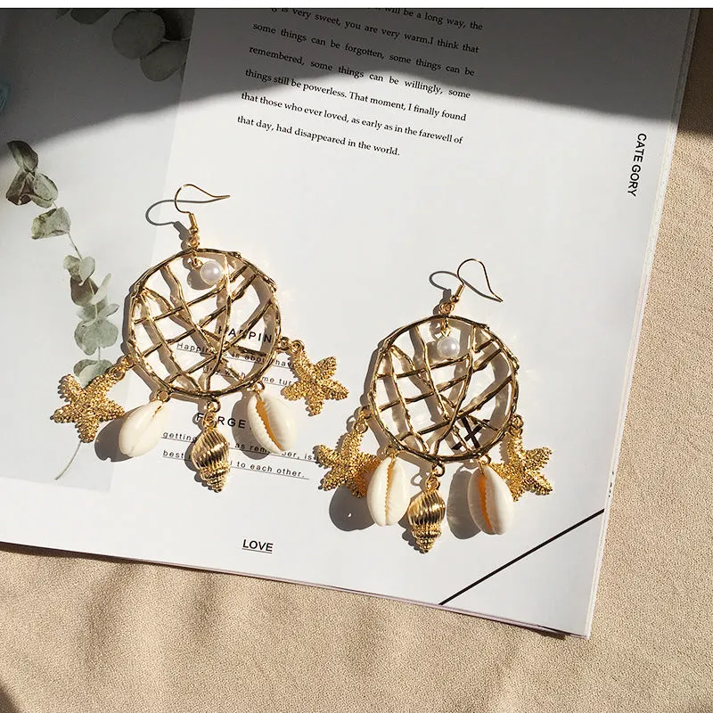Fashion Shell Earrings Female Ocean Wind Conch Earrings Bohemian Metal Rattan Earrings