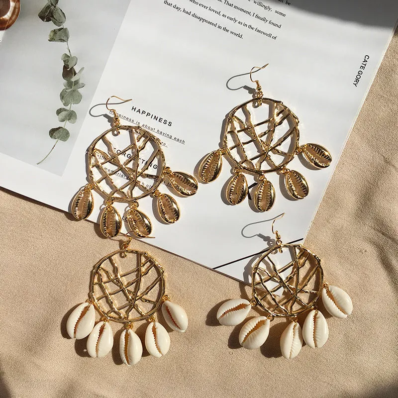 Fashion Shell Earrings Female Ocean Wind Conch Earrings Bohemian Metal Rattan Earrings