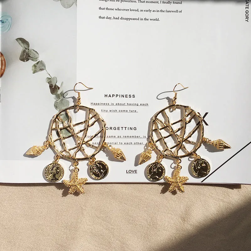 Fashion Shell Earrings Female Ocean Wind Conch Earrings Bohemian Metal Rattan Earrings