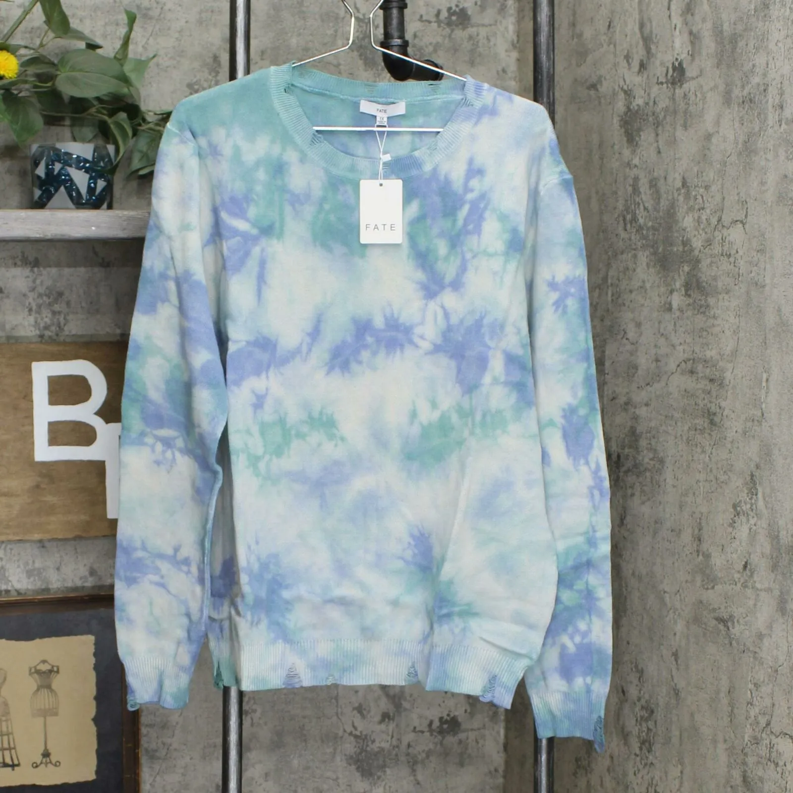 FATE Plus Size Tie Dye Distressed Crewneck Sweater