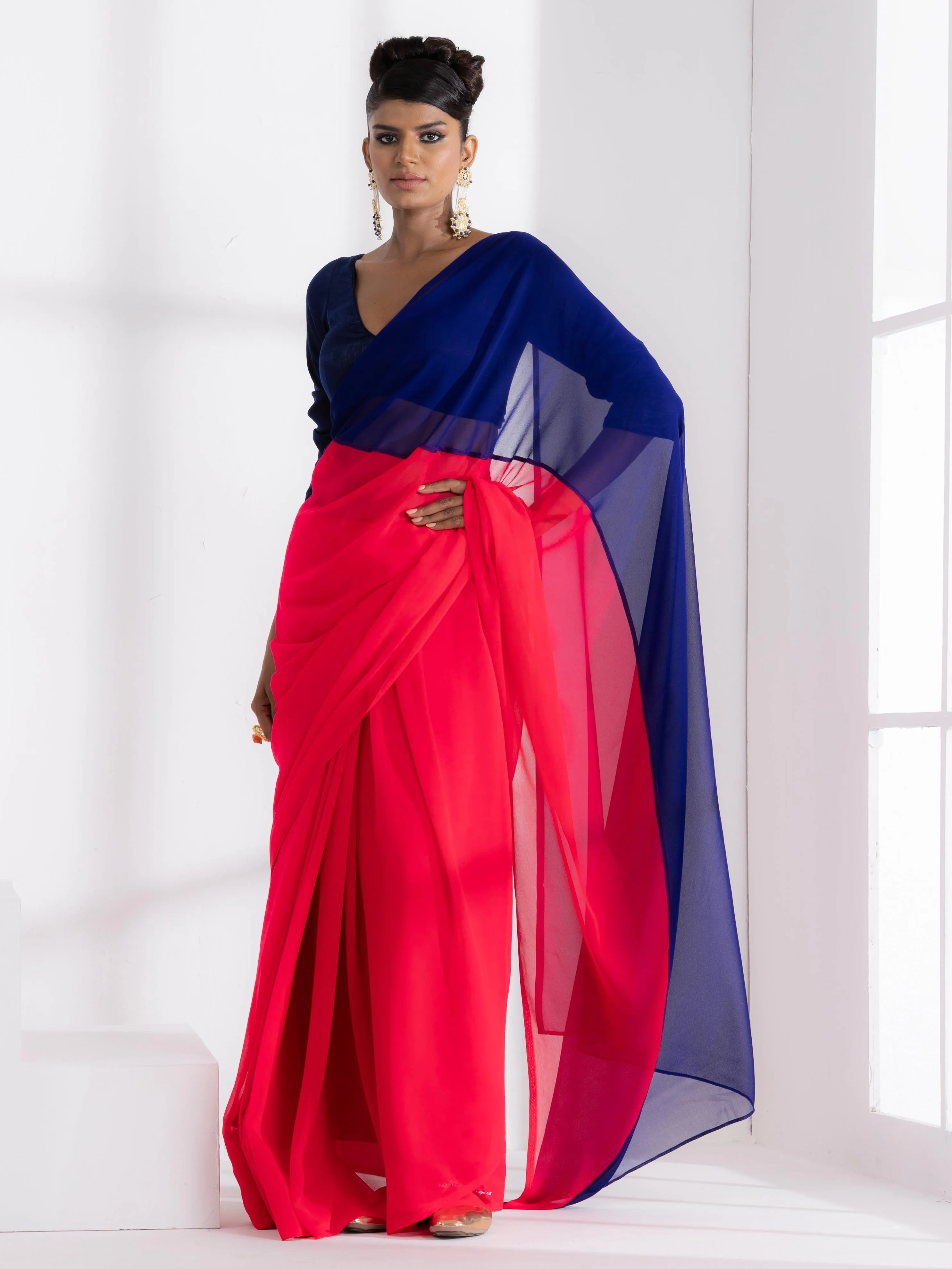 Flamingo & Purple Jam Triangle Georgette Saree with Blue Plush Blouse Fabric