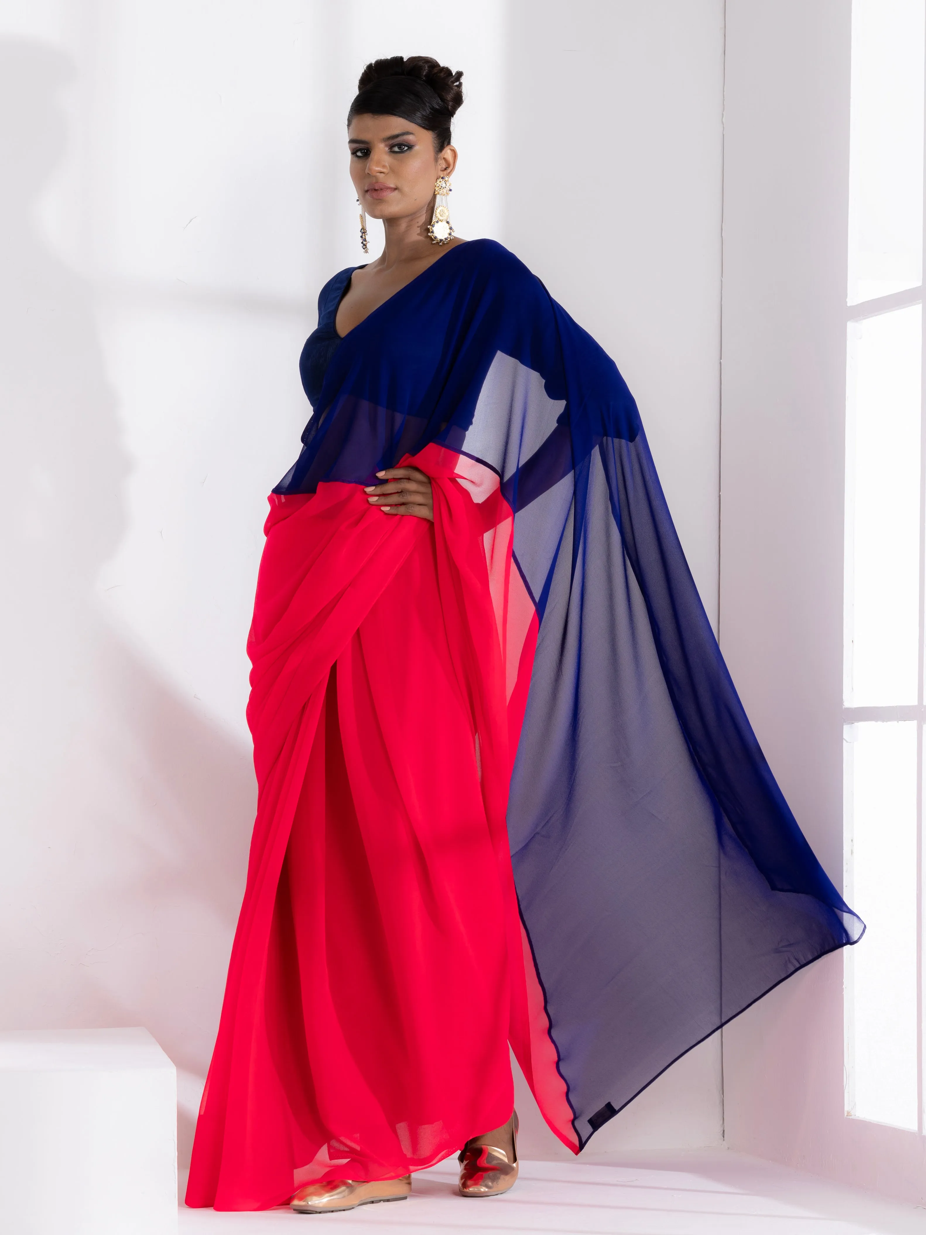 Flamingo & Purple Jam Triangle Georgette Saree with Blue Plush Blouse Fabric