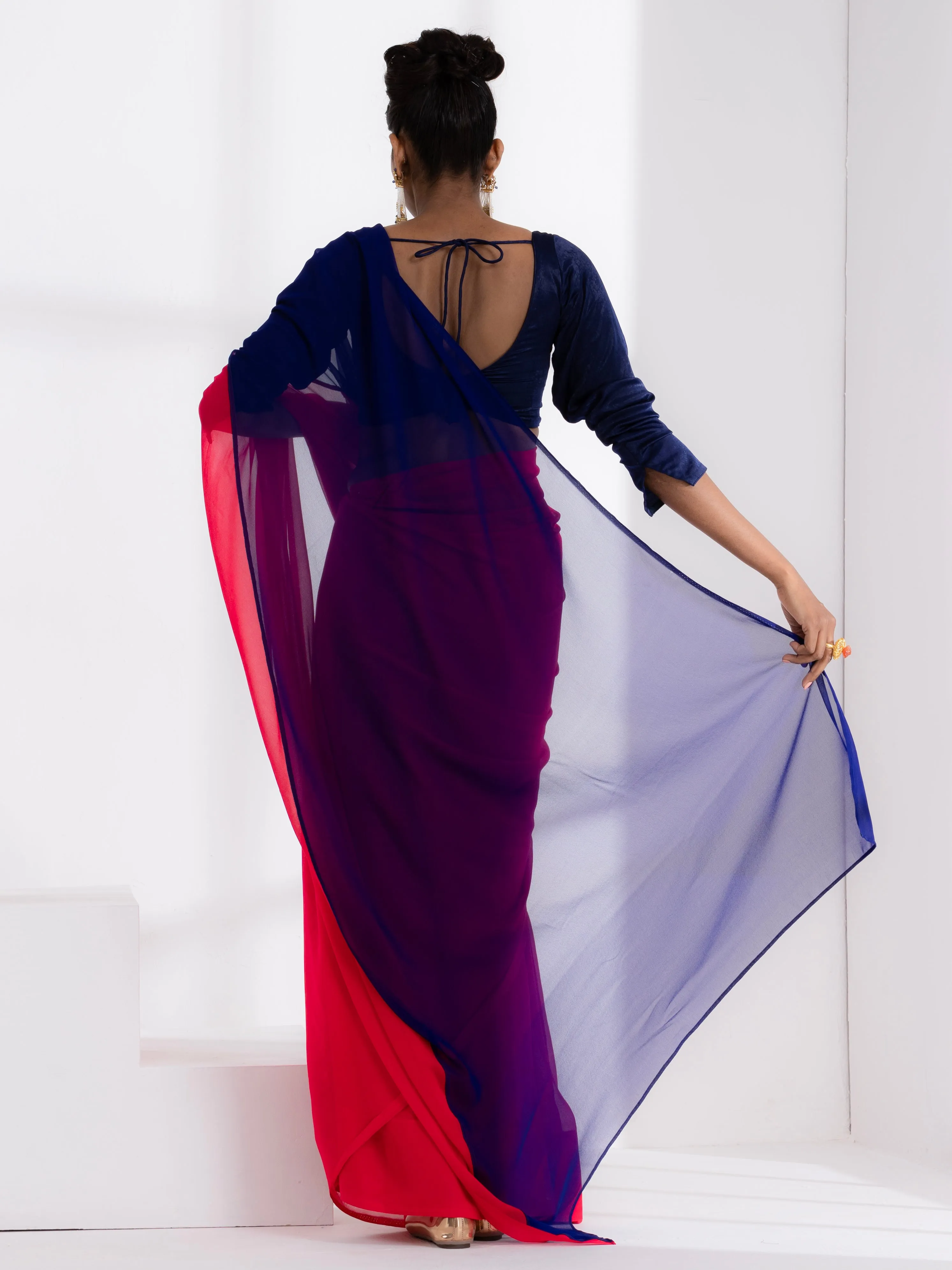 Flamingo & Purple Jam Triangle Georgette Saree with Blue Plush Blouse Fabric