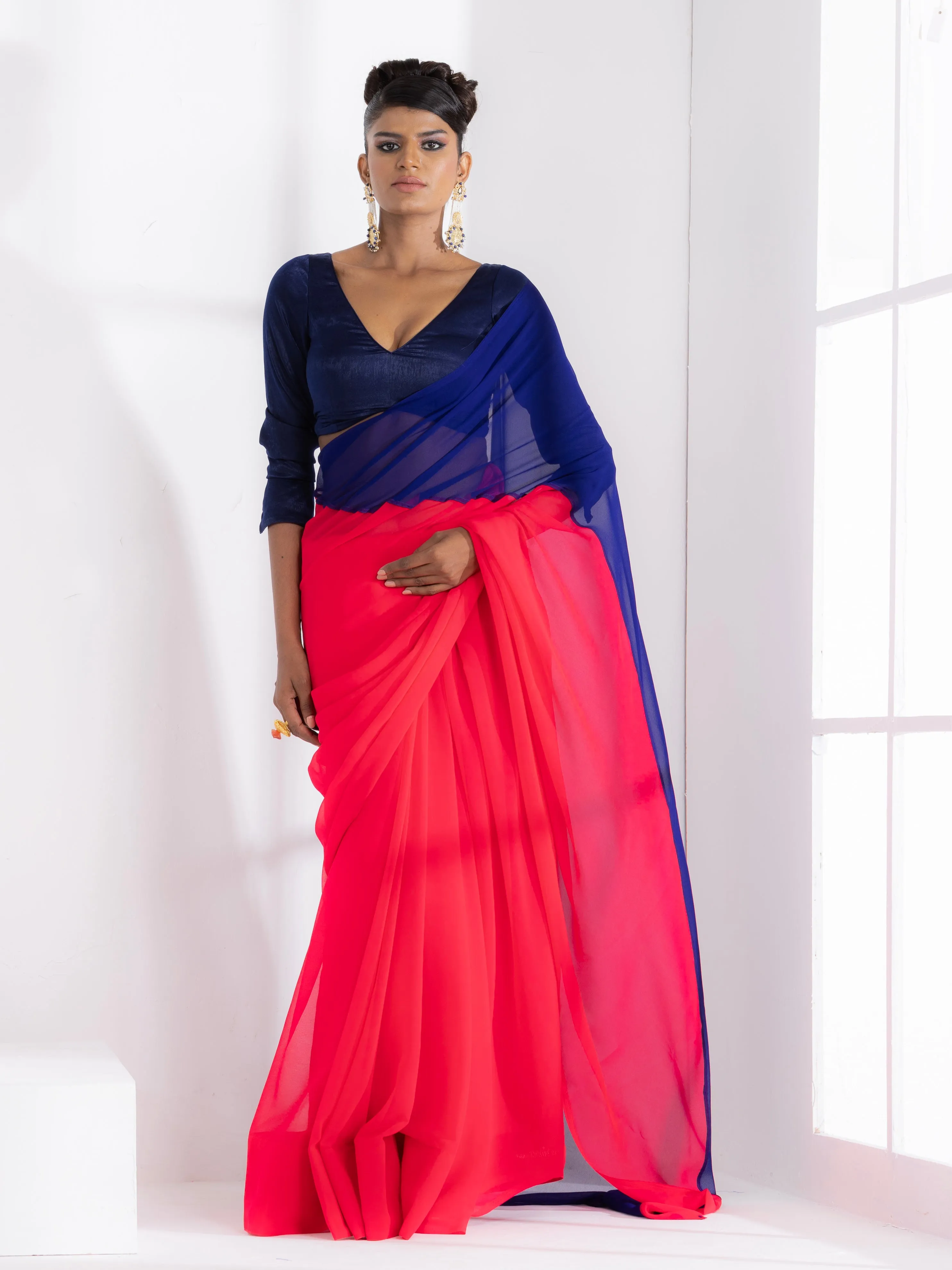 Flamingo & Purple Jam Triangle Georgette Saree with Blue Plush Blouse Fabric