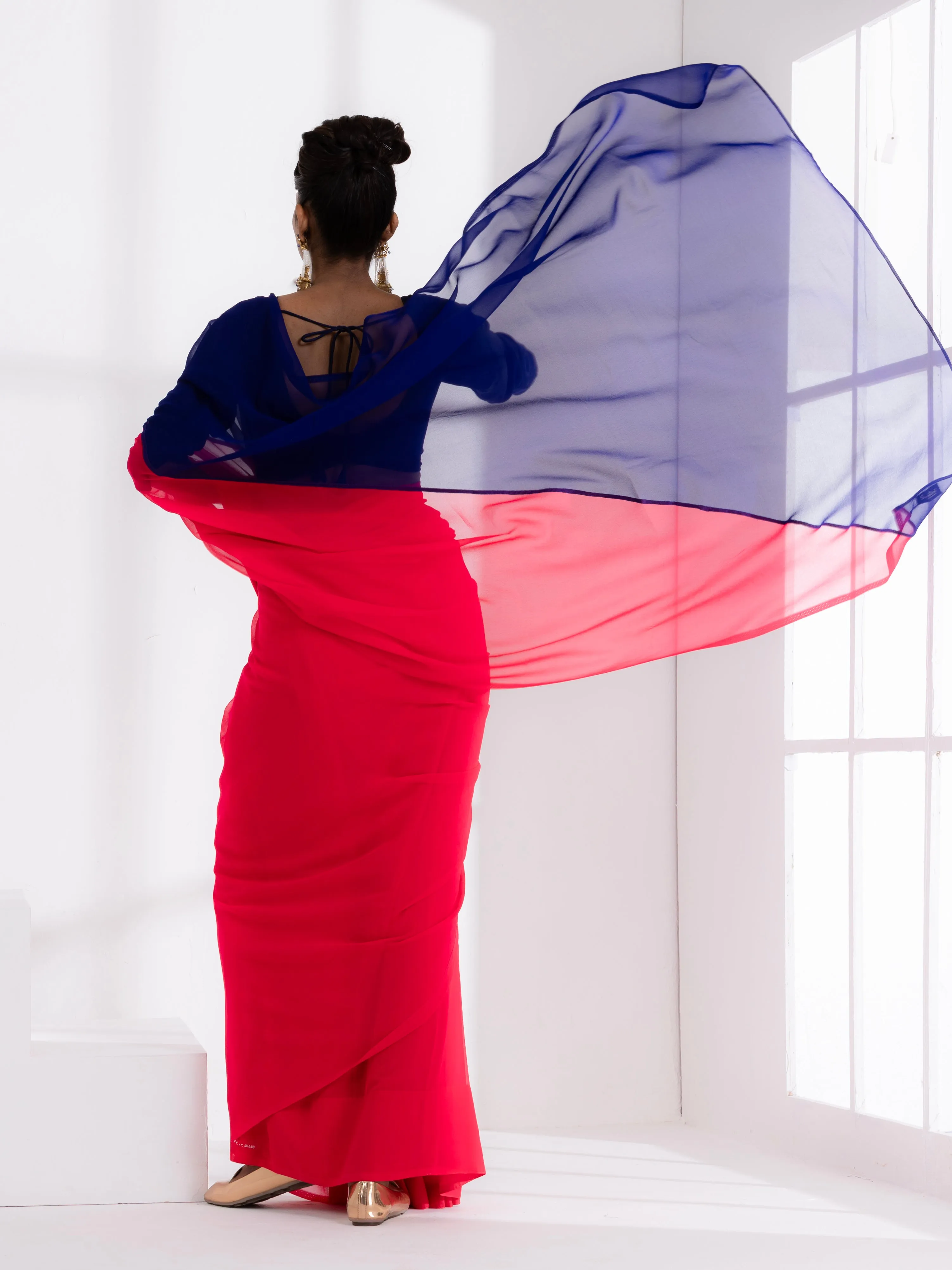 Flamingo & Purple Jam Triangle Georgette Saree with Blue Plush Blouse Fabric