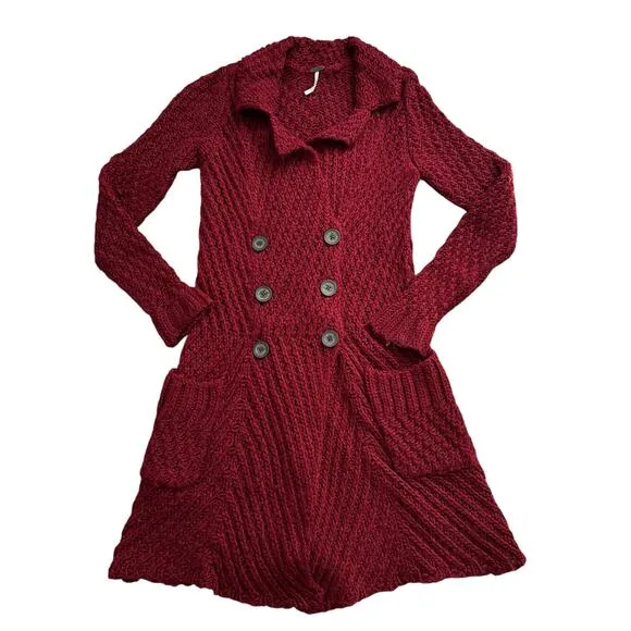 Free People dark red knit button-front long cardigan size S