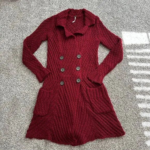 Free People dark red knit button-front long cardigan size S