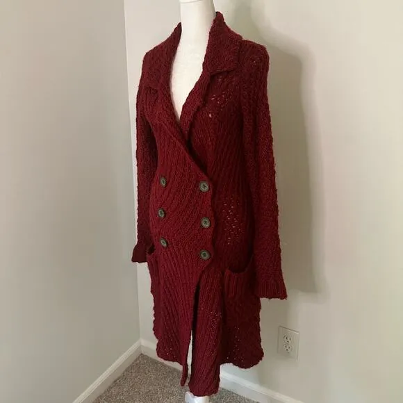 Free People dark red knit button-front long cardigan size S