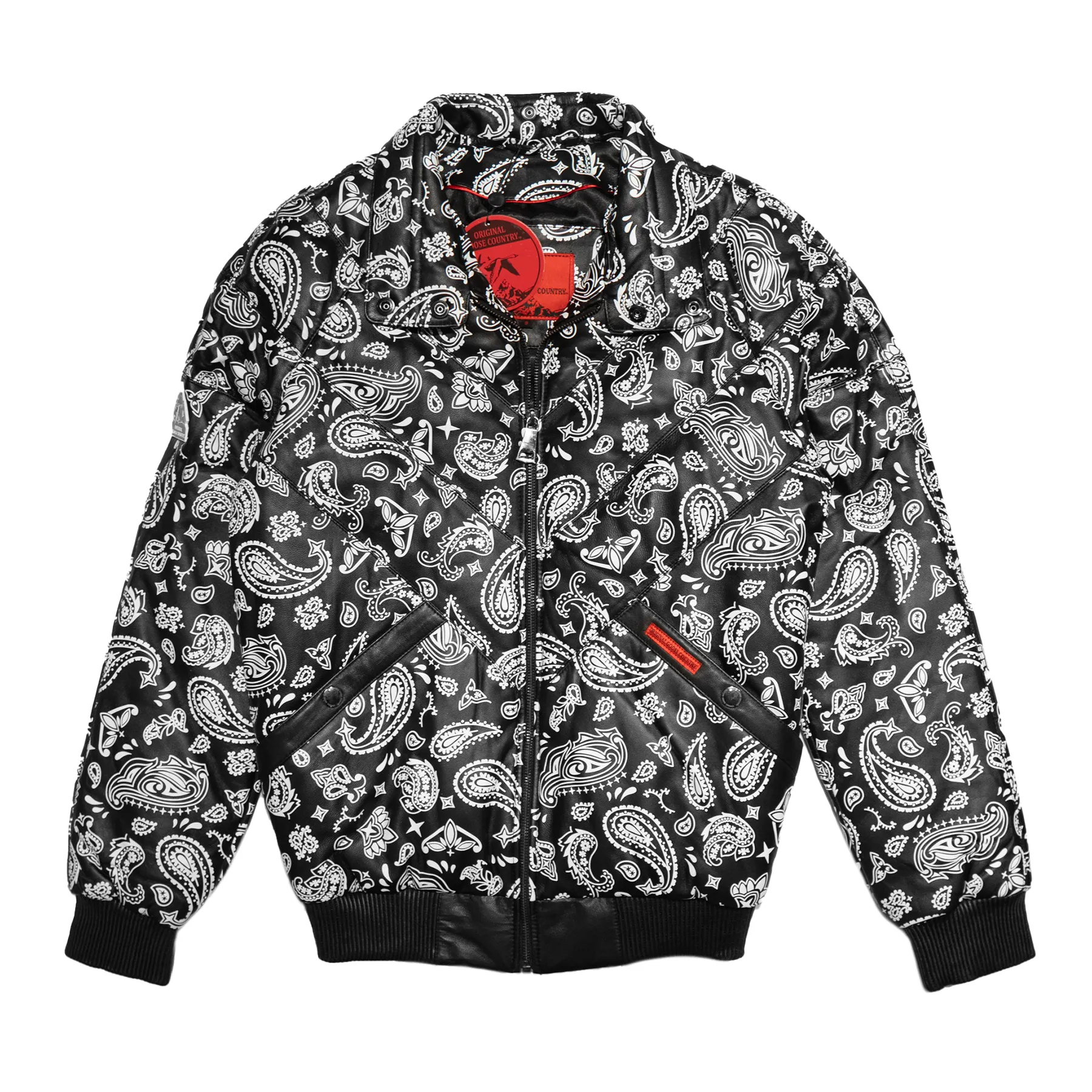 Goose Country Black Paisley Bomber Jacket with Fox Fur Collar