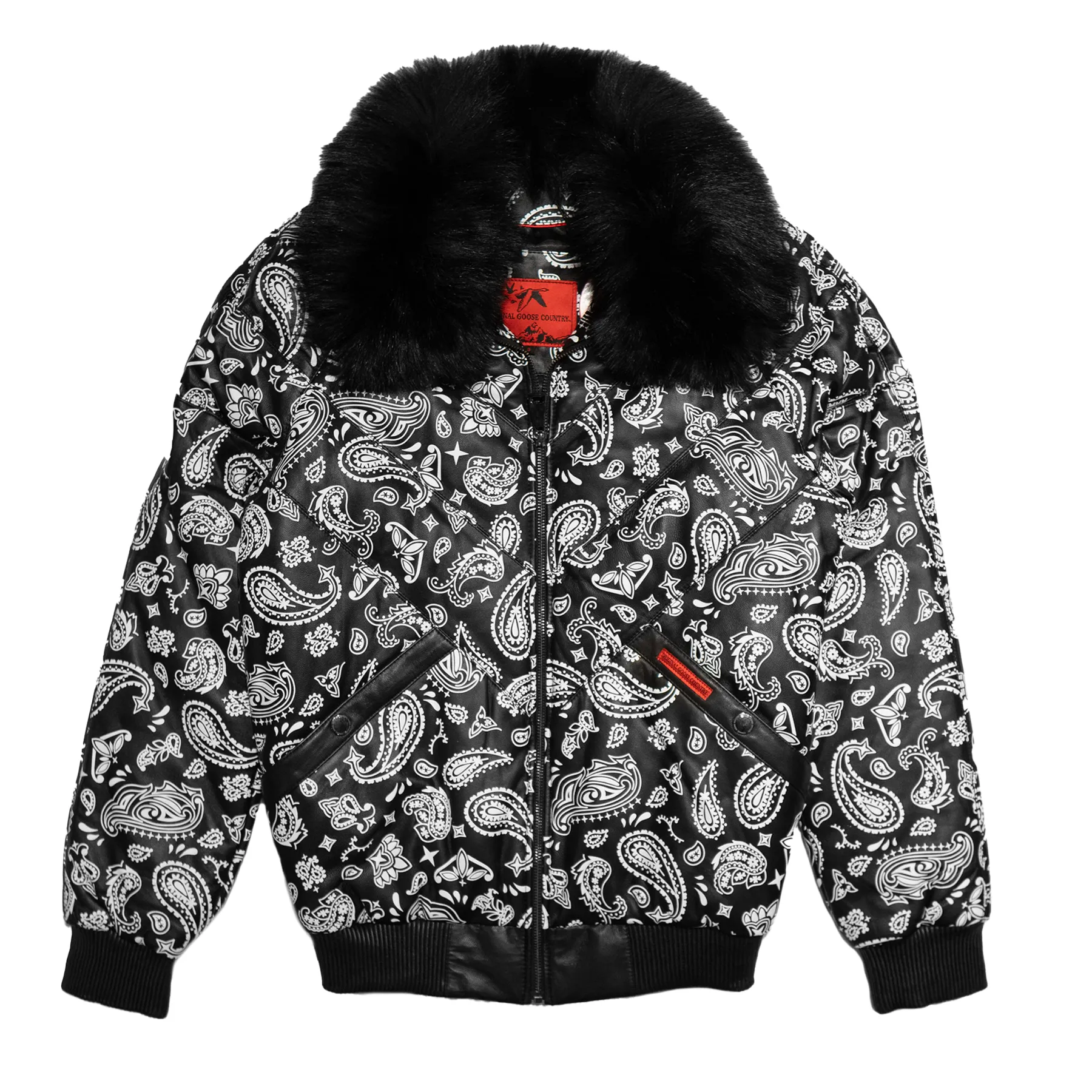 Goose Country Black Paisley Bomber Jacket with Fox Fur Collar