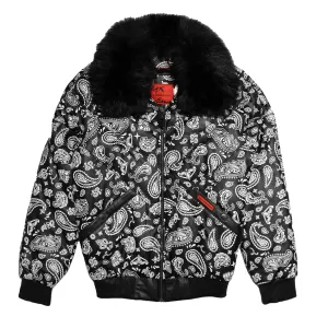Goose Country Black Paisley Bomber Jacket with Fox Fur Collar