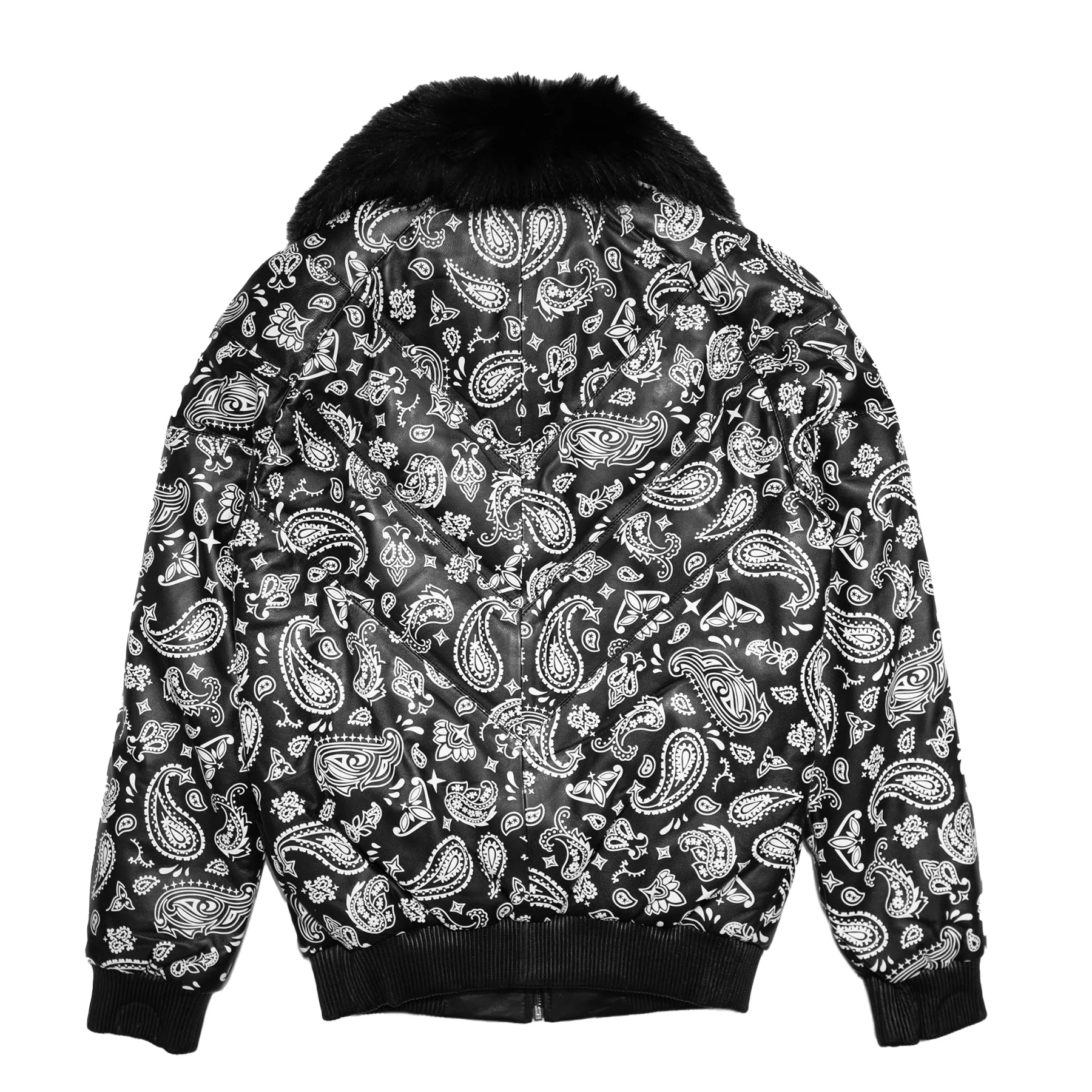 Goose Country Black Paisley Bomber Jacket with Fox Fur Collar