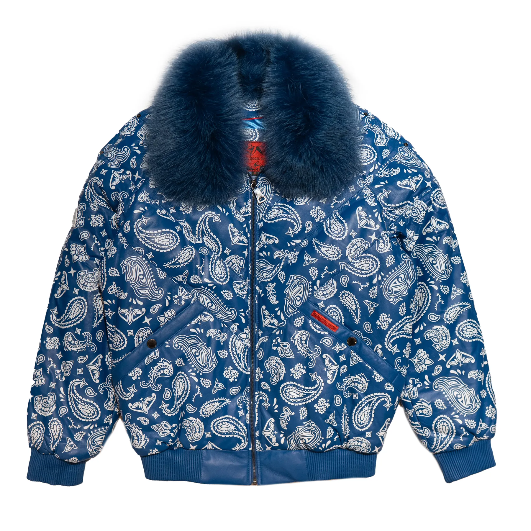 Goose Country Blue Paisley Bomber Jacket with Fox Fur Collar