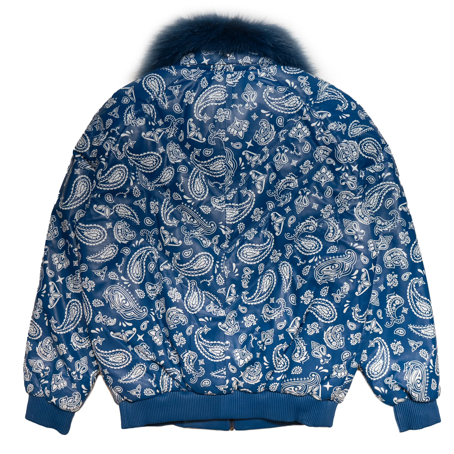 Goose Country Blue Paisley Bomber Jacket with Fox Fur Collar