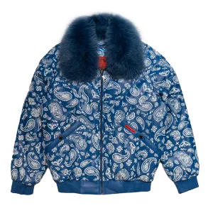 Goose Country Blue Paisley Bomber Jacket with Fox Fur Collar