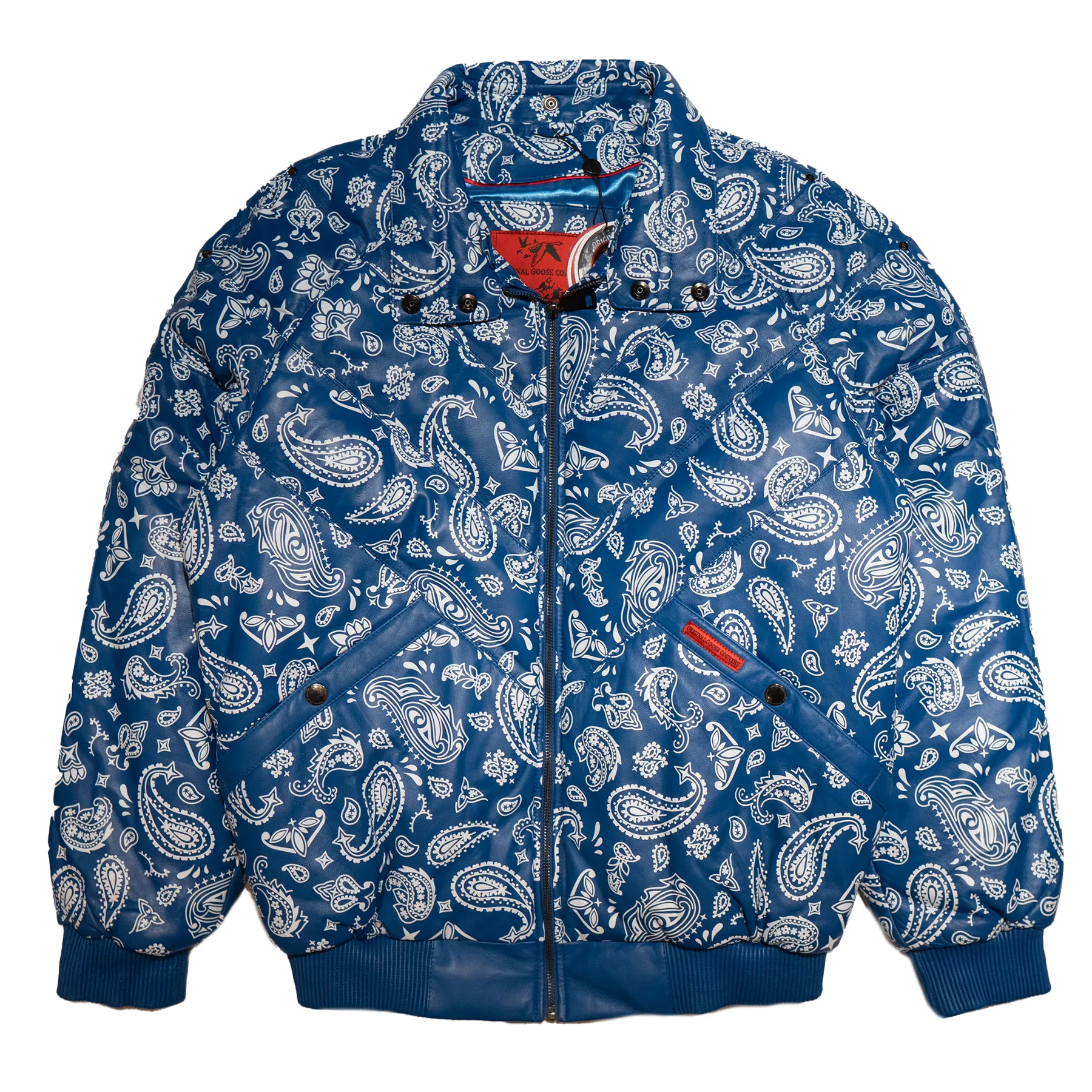 Goose Country Blue Paisley Bomber Jacket with Fox Fur Collar