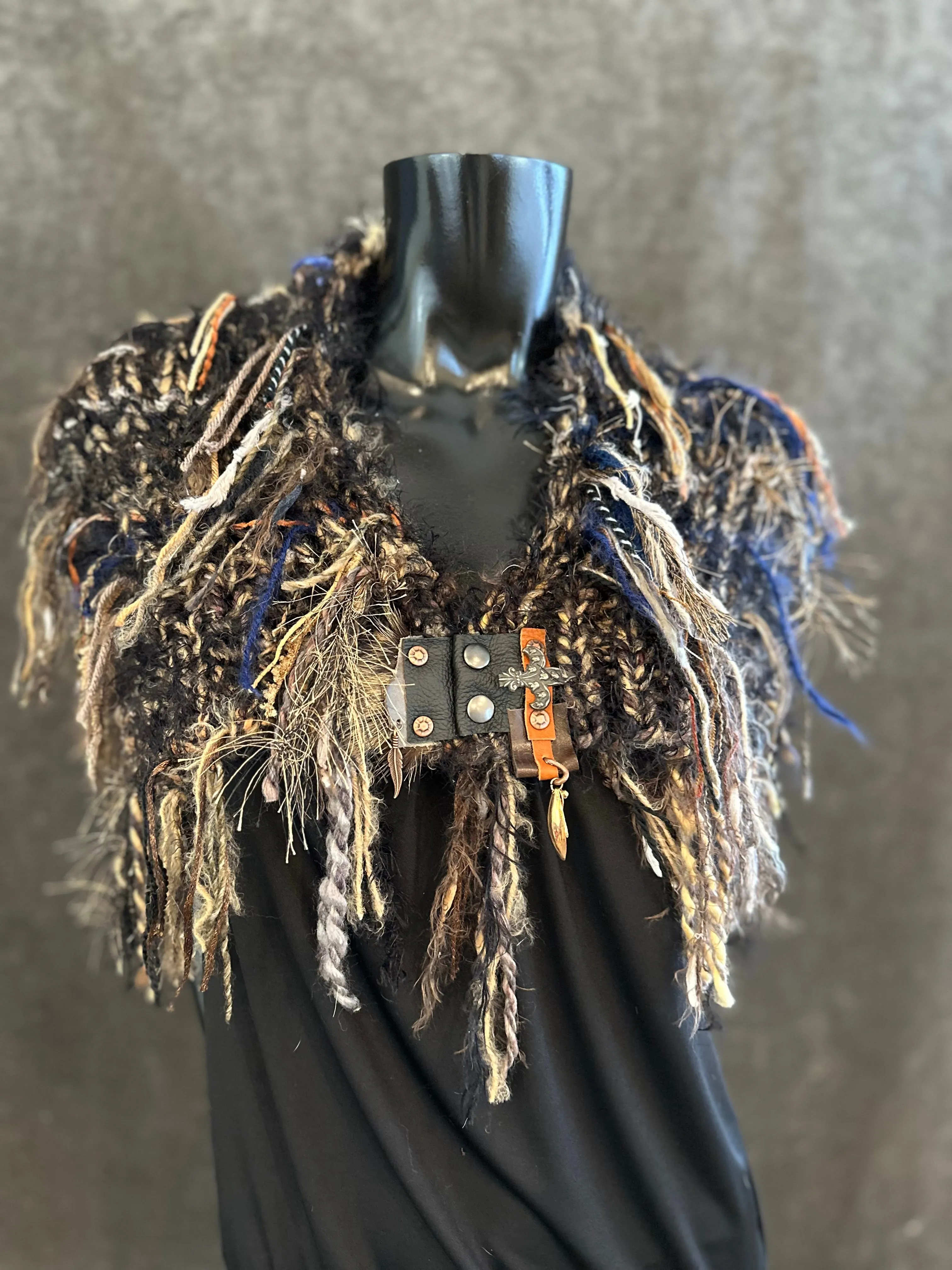 Hand knit black tan Boho cowl, knit shoulder wrap, cosplay fashion