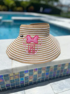 Hat Bow Brim Visor Monogramed Personalized SPF 50 Striped Sand White